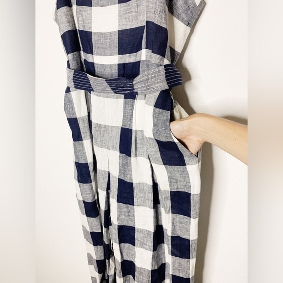 New J. Crew Gingham Beauchamps Linen Spaghetti Strap Jumpsuit In Navy Ivory $128 - Picture 6 of 8